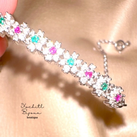 Sterling Silver  Emerald&Ruby Cubic Zirconia Flower Bracelet - Picture 5 of 16